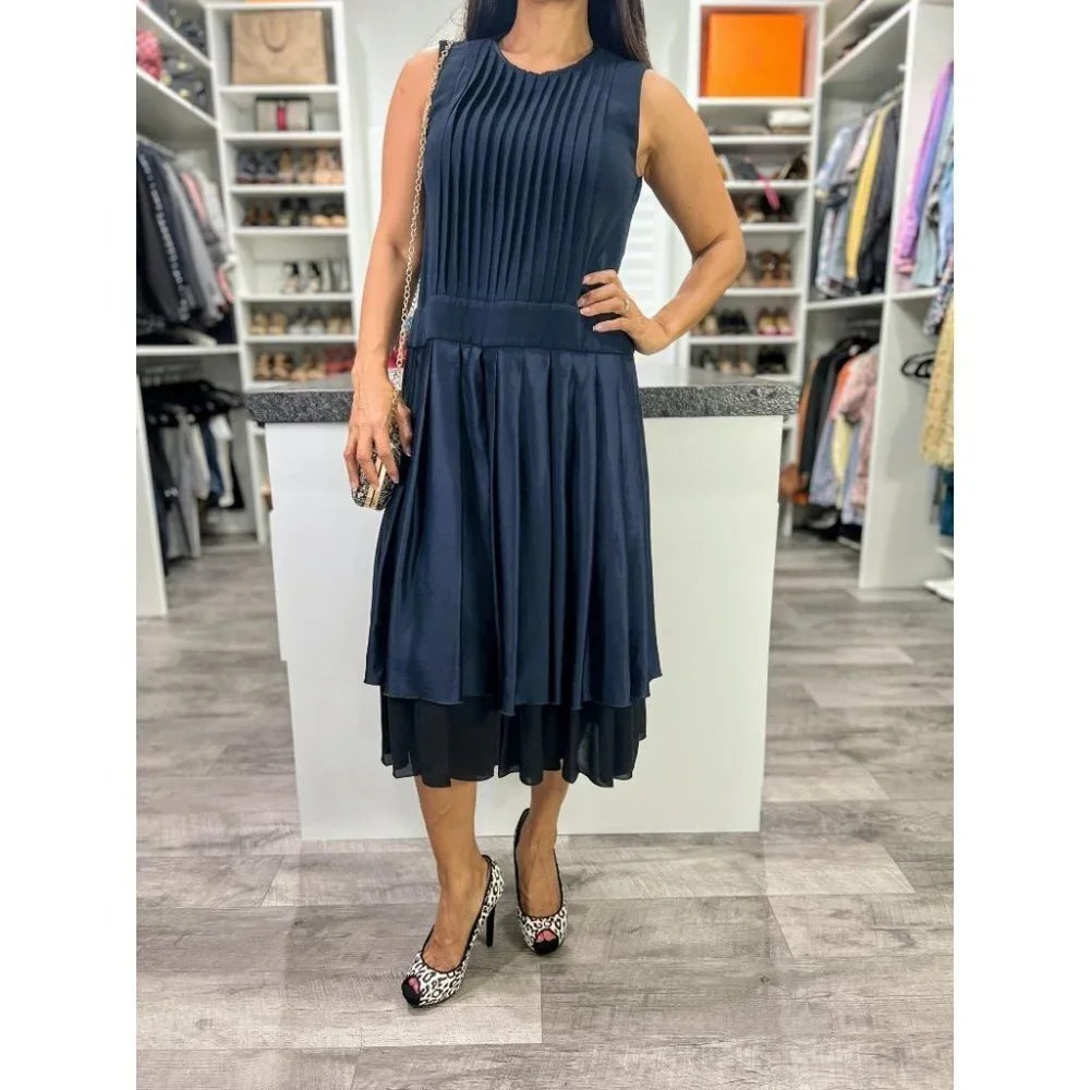 Victor Alfaro Navy Pleated Combo Midi Dress $2195 - Picture 3 of 15